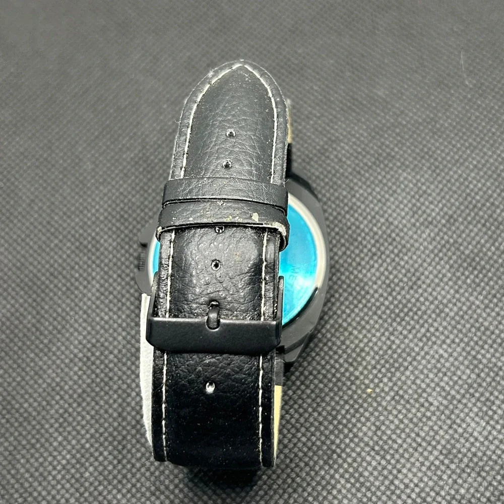 Mens Black Chronograph Style Watch Japan Quartz Movement leather Strap‎ Analog